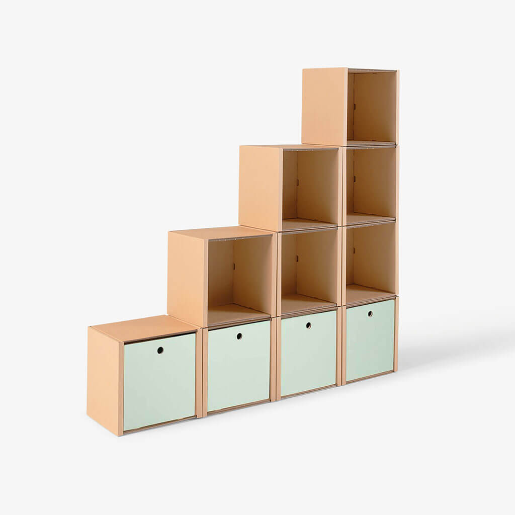 ROOM IN A BOX - Modulares Regalsystem grosses Stufenregal mit 4 Schubladen in salbei